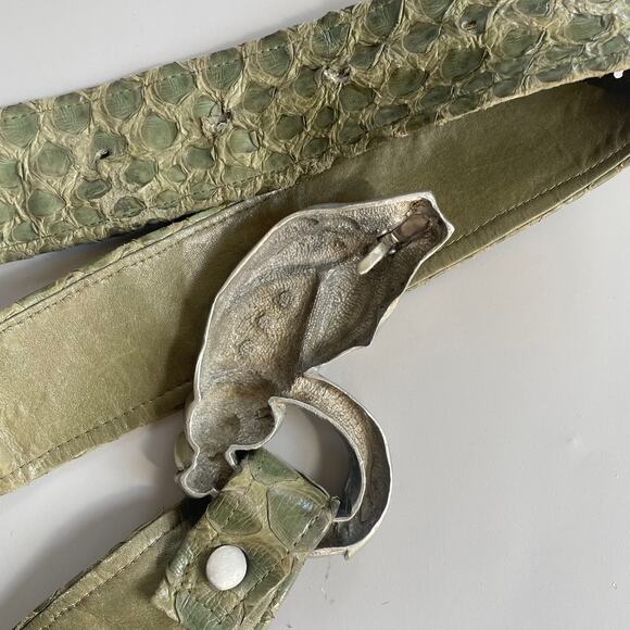 80s Snake Head Buckle Snakeskin Belt  Leather Vintage Giant Buckle Exotic Lthr - Picture 5 of 9